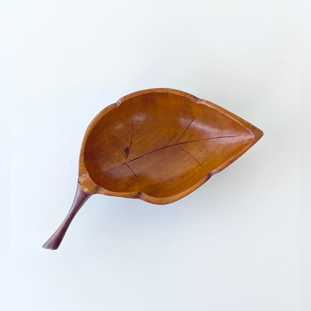 Vintage Hand-Carved Wood Leaf Bowl